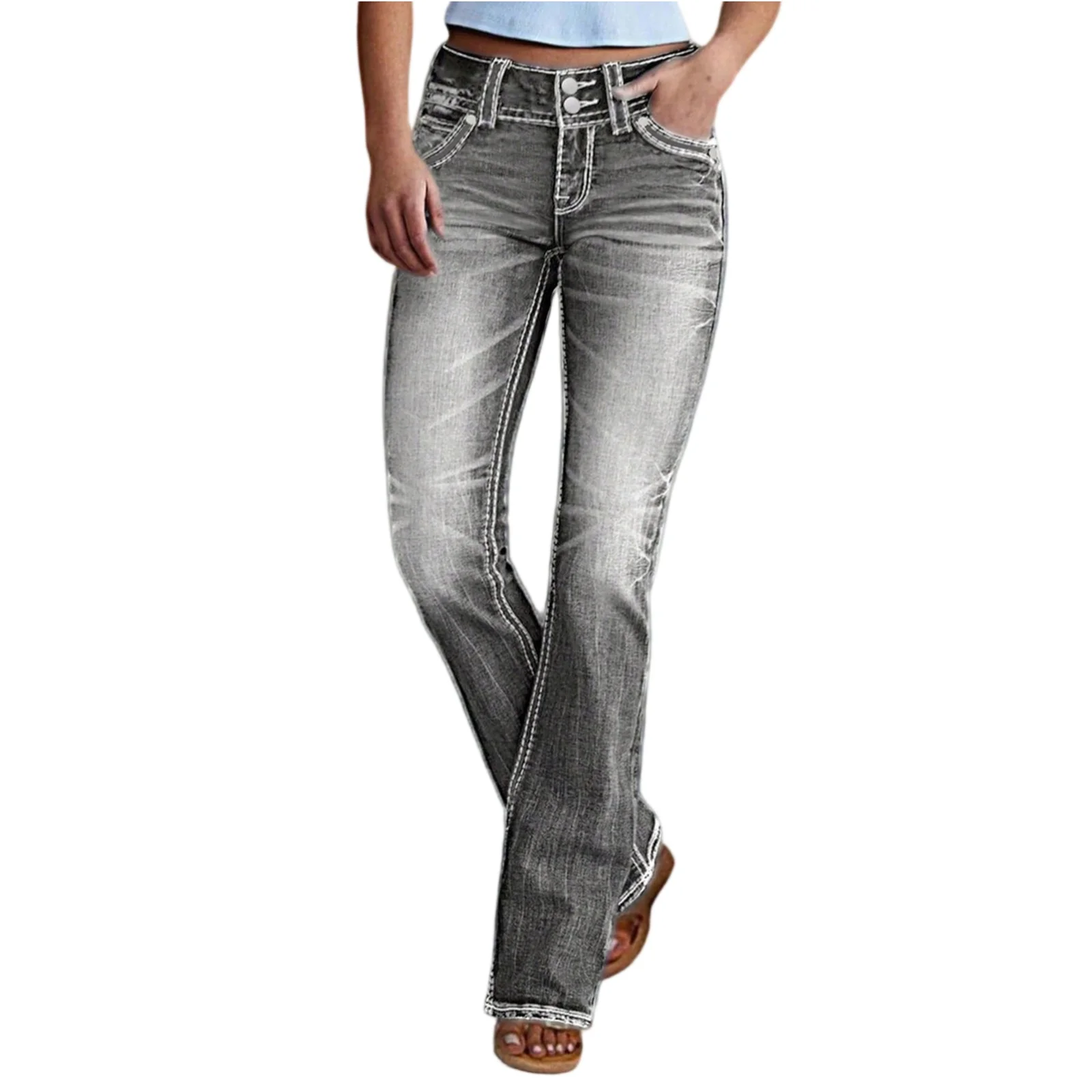 Bootcut Jeans For Women Smoky Grey Bleached High Waist Design Retro Trousers Chic Outdoor Slim Pants Daily Commuting Wear