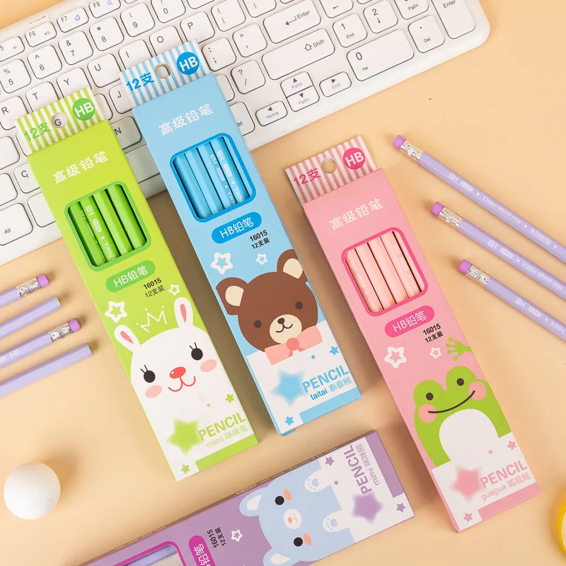 12Pcs/box  Cartoon Animal Bear Cute cartoon Pencils for School Student Kawaii Stationery Gifts for Child School Pencils