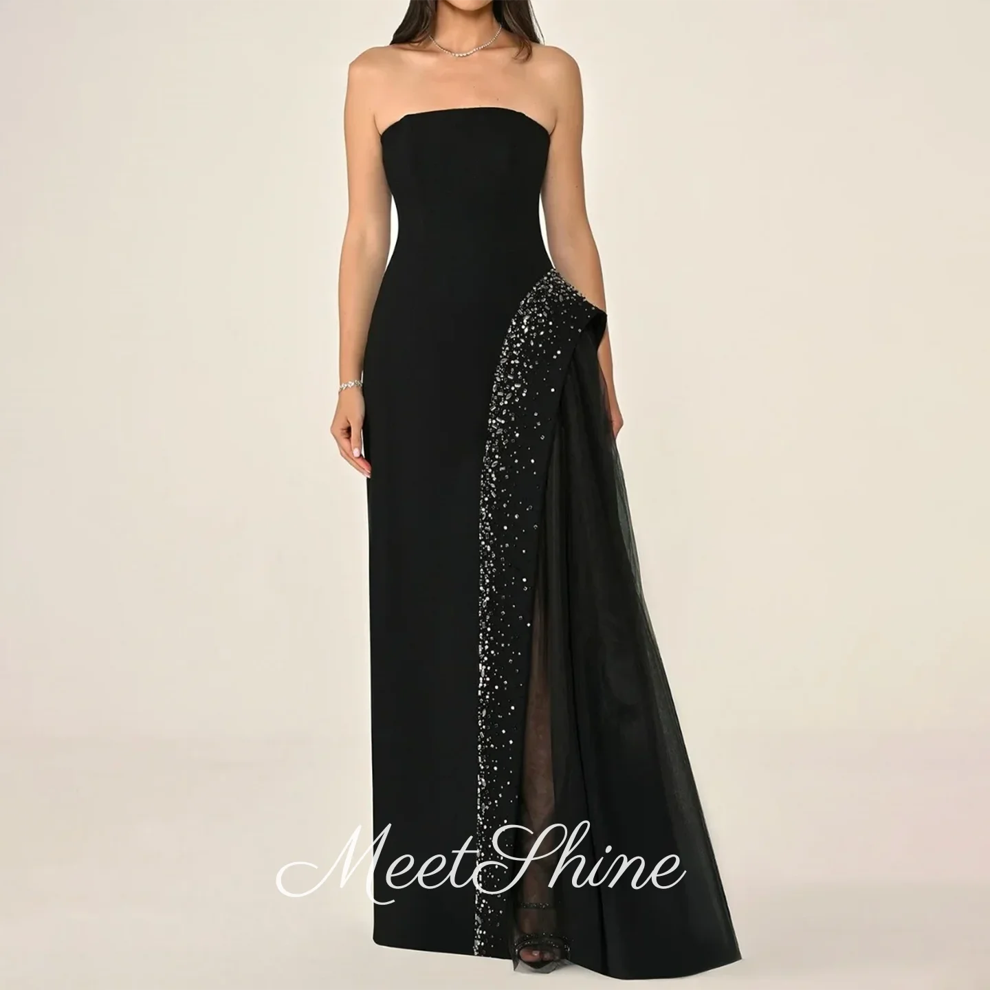 

Elegant Black Strapless Beaded Sequins فساتين سهرة Modern Sleeveless A-Line Satin Prom Dress Saudi Arabia Customized
