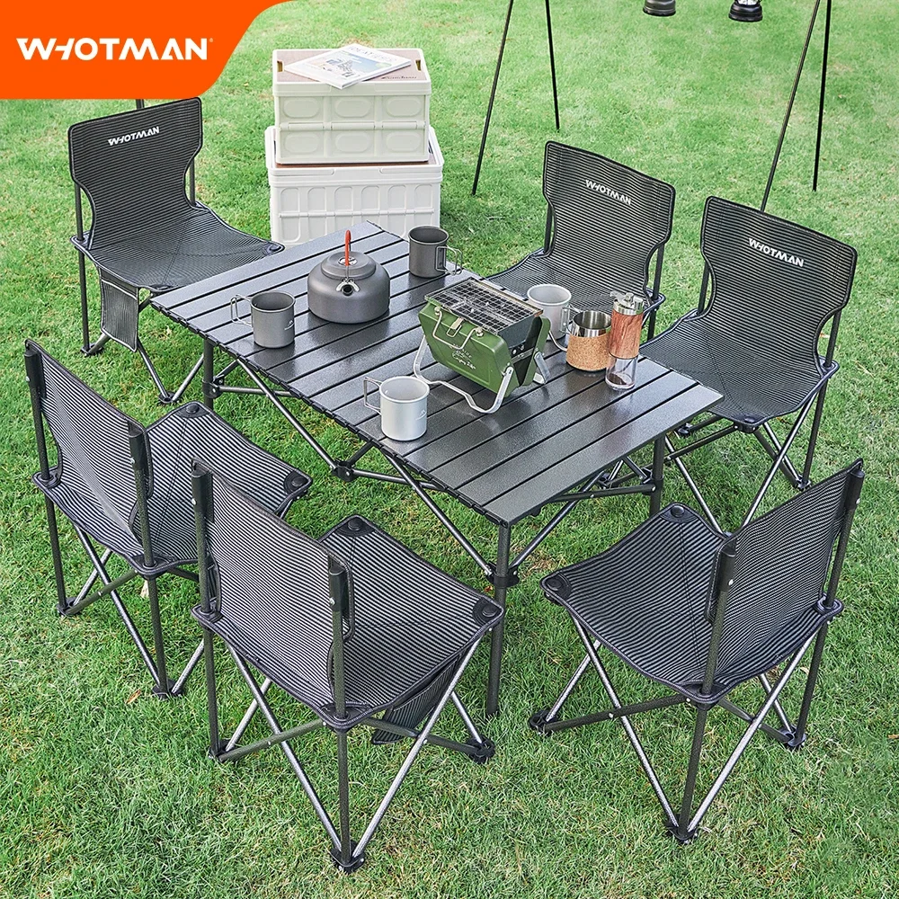 WHOTMAN Camping Table Chair Set for 6 People Outdoor BBQ Picnic Portable Camping Chairs with a Storage Bag for Family Traveling