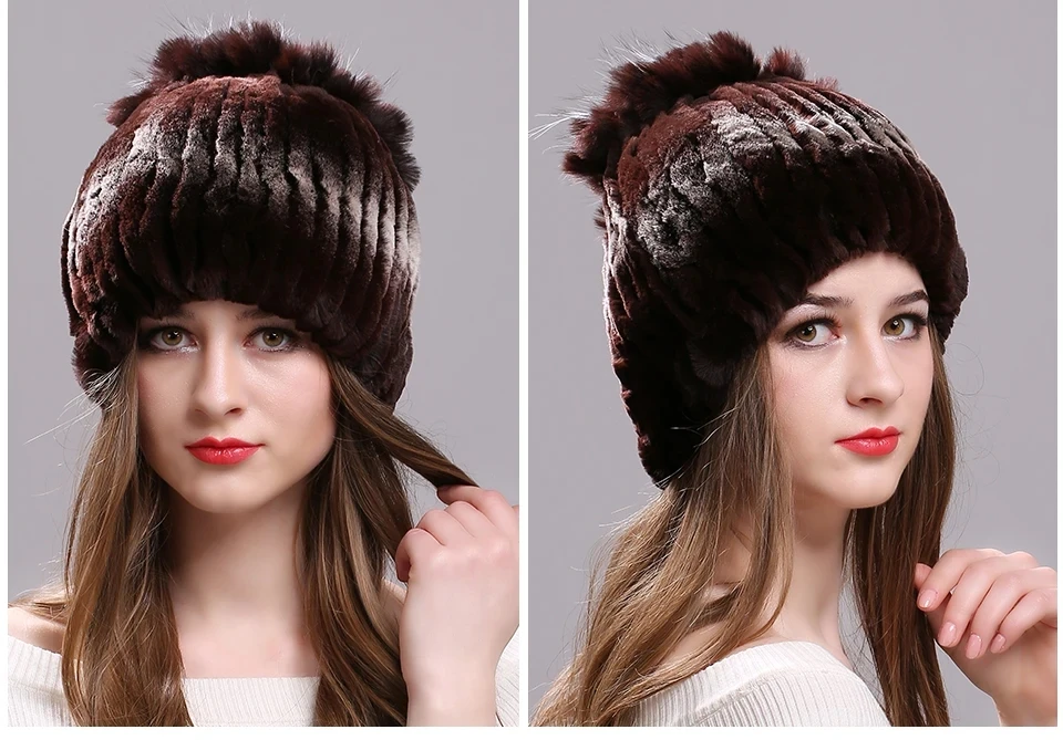 Strickmütze für Damen, 100 % echte Rex-Kaninchenfellmütze mit Blumen, Oberteile, warme, hochwertige Beanie-Damenmütze aus echtem Pelz für den Winter – Detail 38