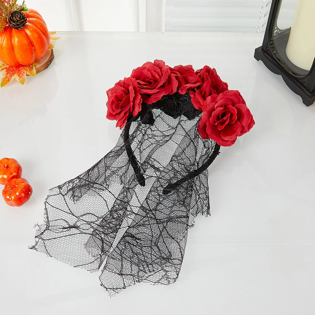 

2 PCs Mixed Halloween Simulation Red Black Flowers Witch Headdress Decoration Prom Party Headband Rose Veil Accessories Headwear