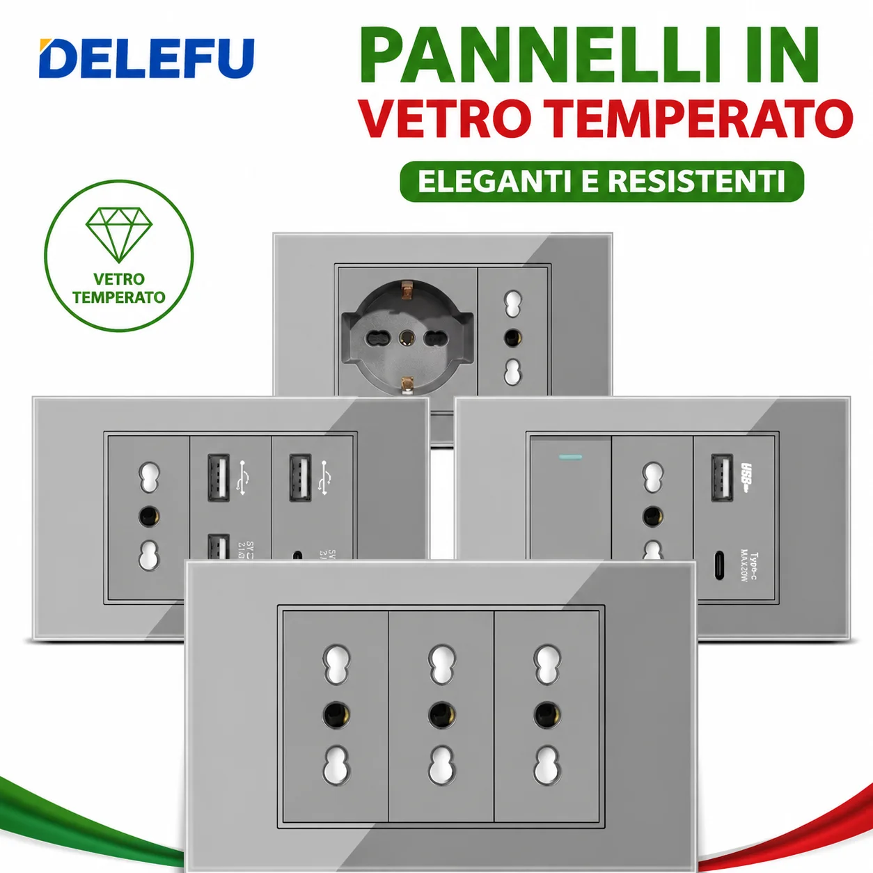 Outdoor Usb Power Strip - DELEFU Grijs Gehard Glas Italië USB
