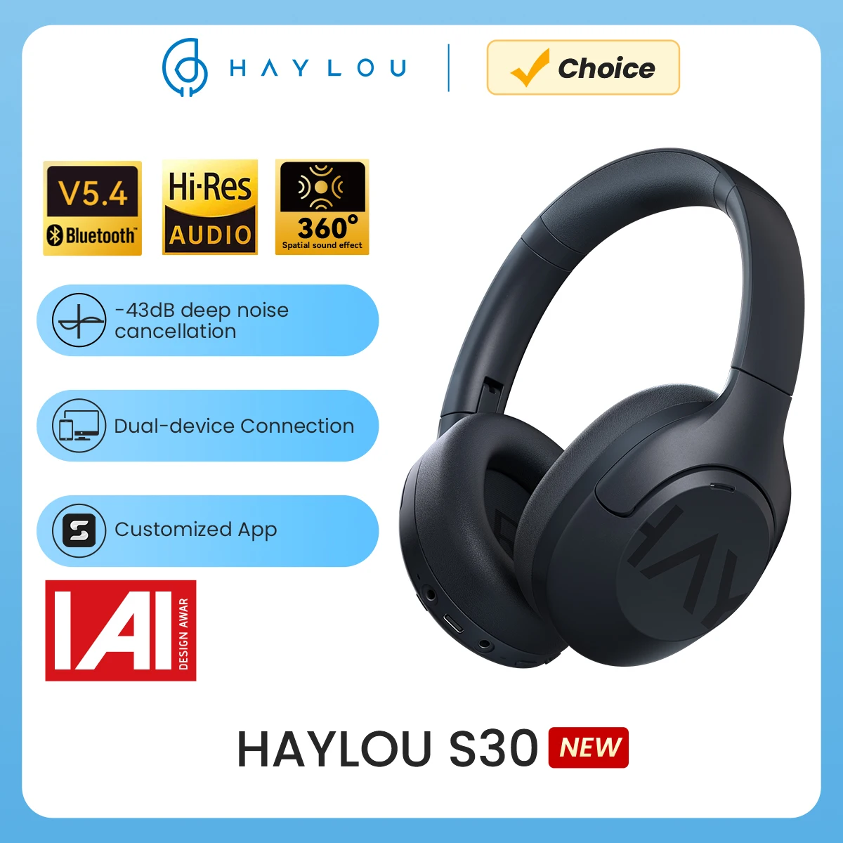 HAYLOU S30 Wireless Bluetooth 5.4 Headphones 43dB Adaptive Noise Cancelling Headsets 40mm Driver 80H Playtime Earphones