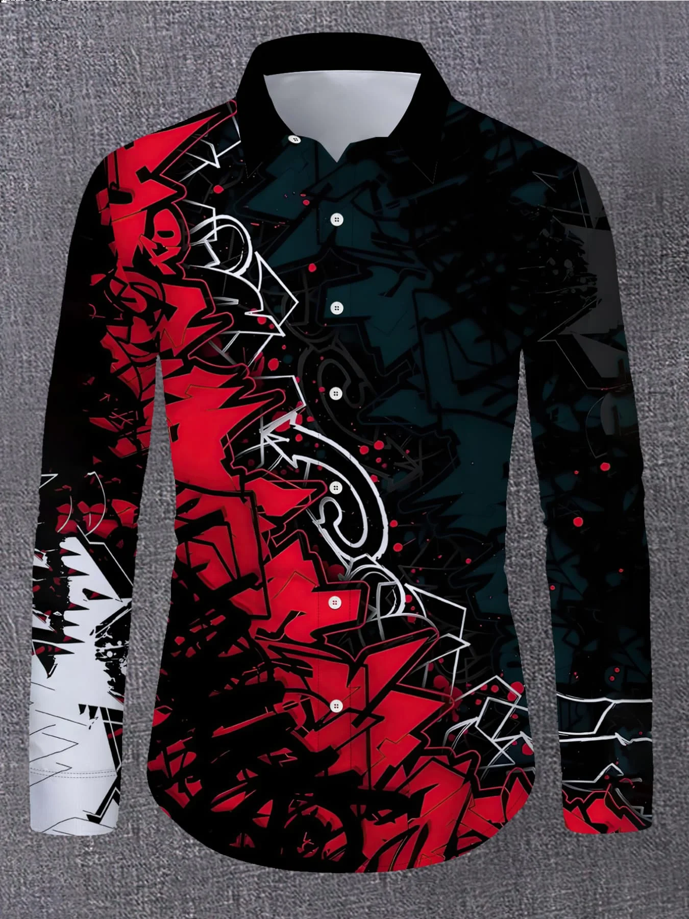 Men Long-Sleeve Button-Down Shirt Black Red Gothic Geometric Print Polyester Lapel Collar Party Casual Top