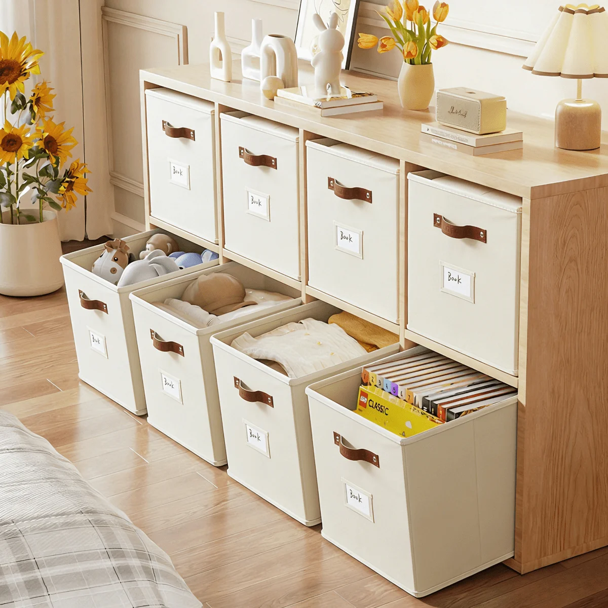 6 Pack Foldable Cube Storage Bins Modern Cream White Fabric Storage Boxes Label Holders PU Leather Handles Collapsible Organizer Baskets Unit For Clothes Toys Shelves Linen Closet Bedroom Nursery Housewarming Gift