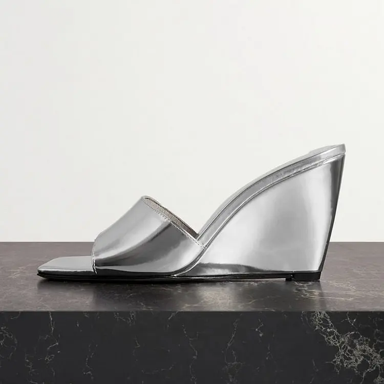 Square Toe Wedge Mules Silver Patent Leather Slingback Classic Slip-On Open Toe Women Summer Casual Footwear Sexy Elegant