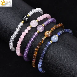 CSJA Natural Stone Initial Bracelet 4mm Pink Crystal Beads Bangle Letter A-Z Birthday Bracelets for Women Girl Jewelry Gift T087