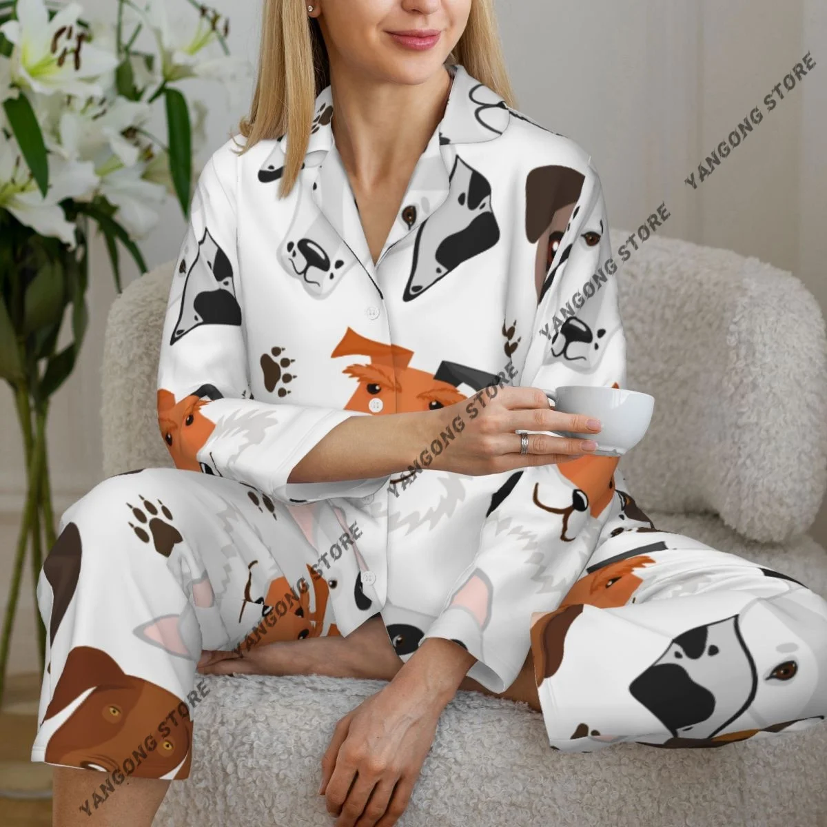 

Cute Puppy Dog Breed Dog Womens Pajamas Loungewear Two-piece Sleepwear Button-Down Full Sleeve Long Pajamas Set