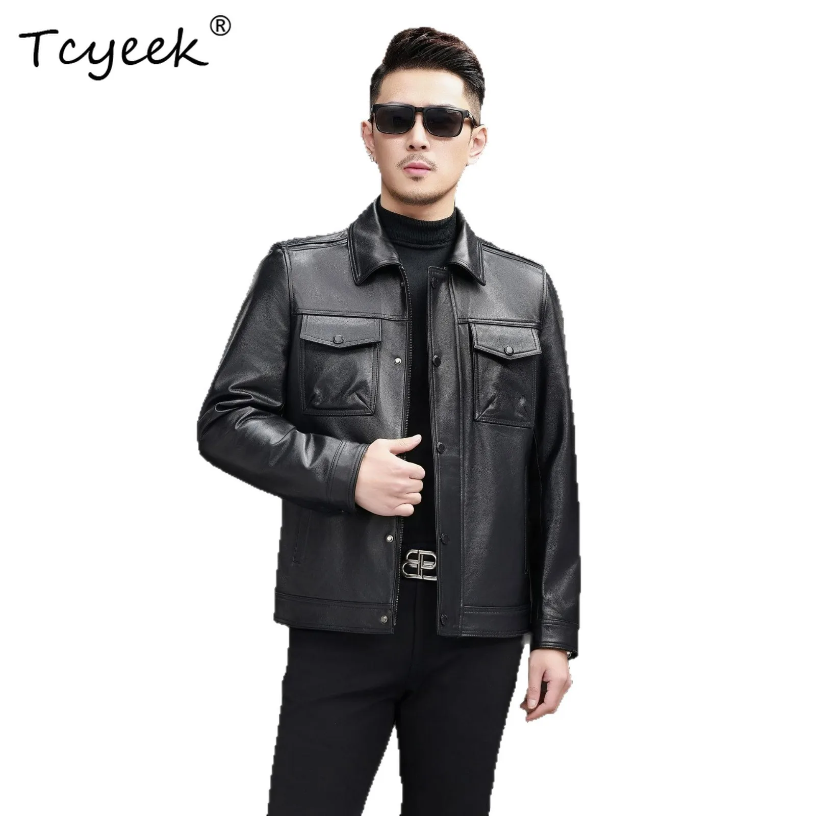 

Tcyeek Top Layer Cowhide Mens Coats Real Leather Jacket Men Clothing Autumn Fashion Motocycle Coat Casual Black Jaqueta De Couro