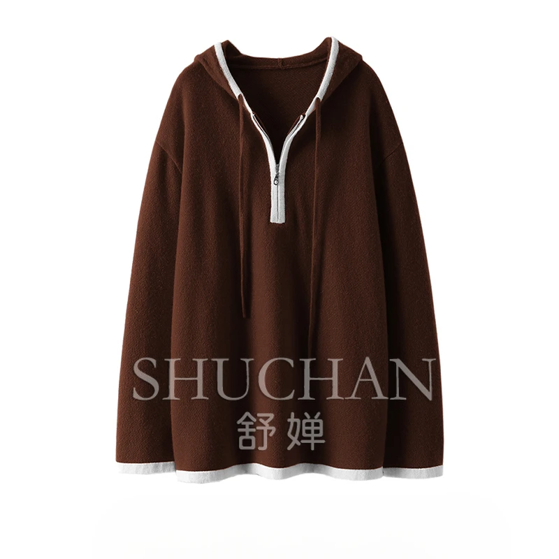 Thickened 100% pure cashmere shirt women's contrasting color zipper hooded knitted cardigan autumn and winter