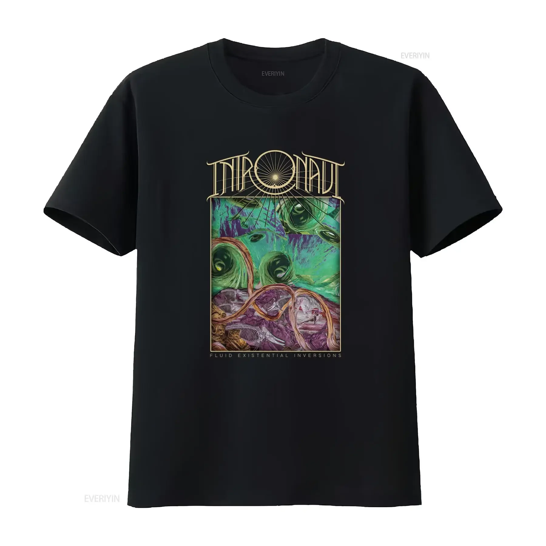 Men's Intronaut Fluid Existential Inversions T Shirt Large Black with Unique Art Print vintage Washed fashion graphic Stretched