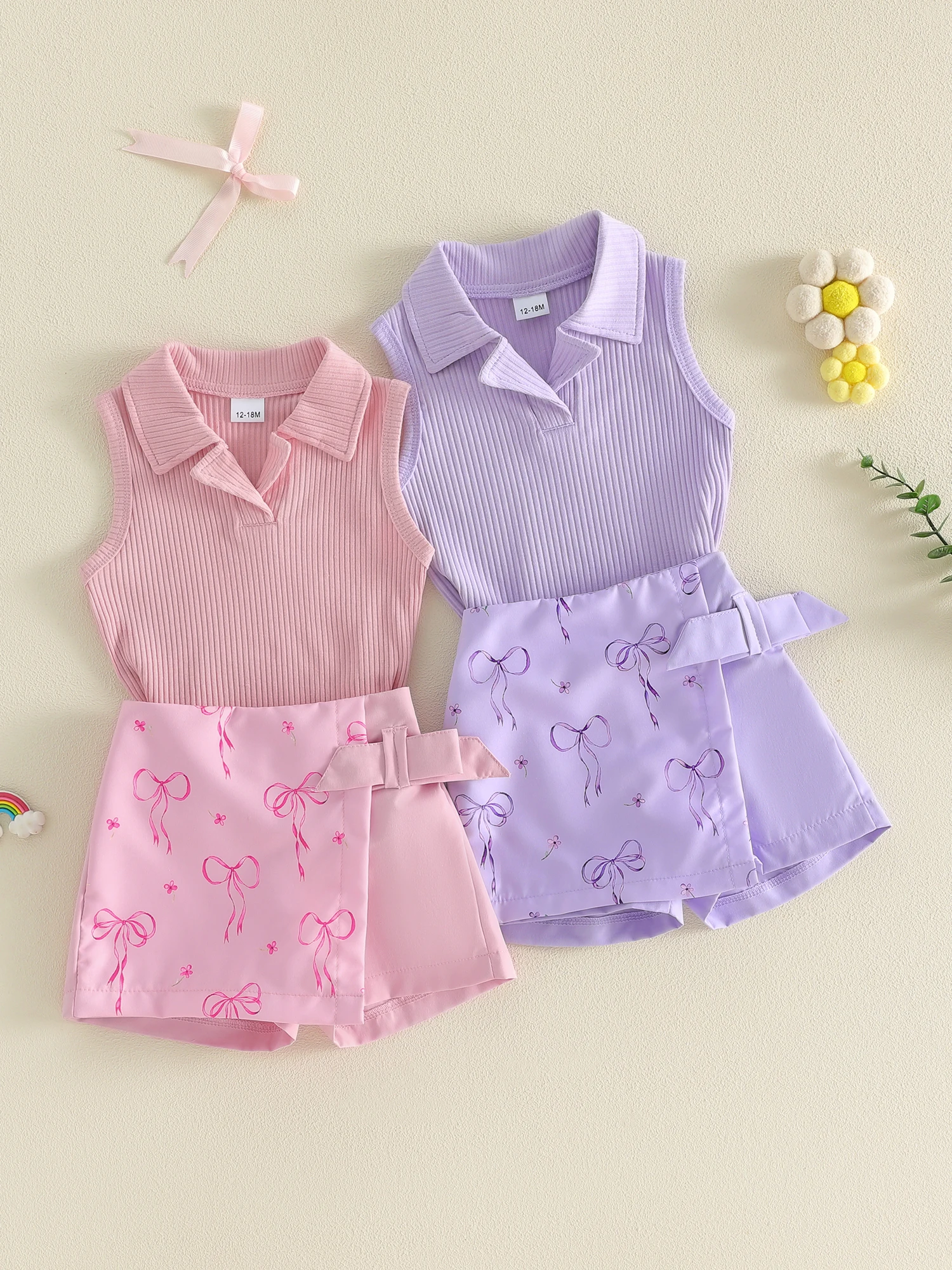 

Adorable Toddler Girl Summer Ensemble Ribbed Knit Tank Top with Turn Down Collar and Bowknot Print Shorts - 2 Piece Set