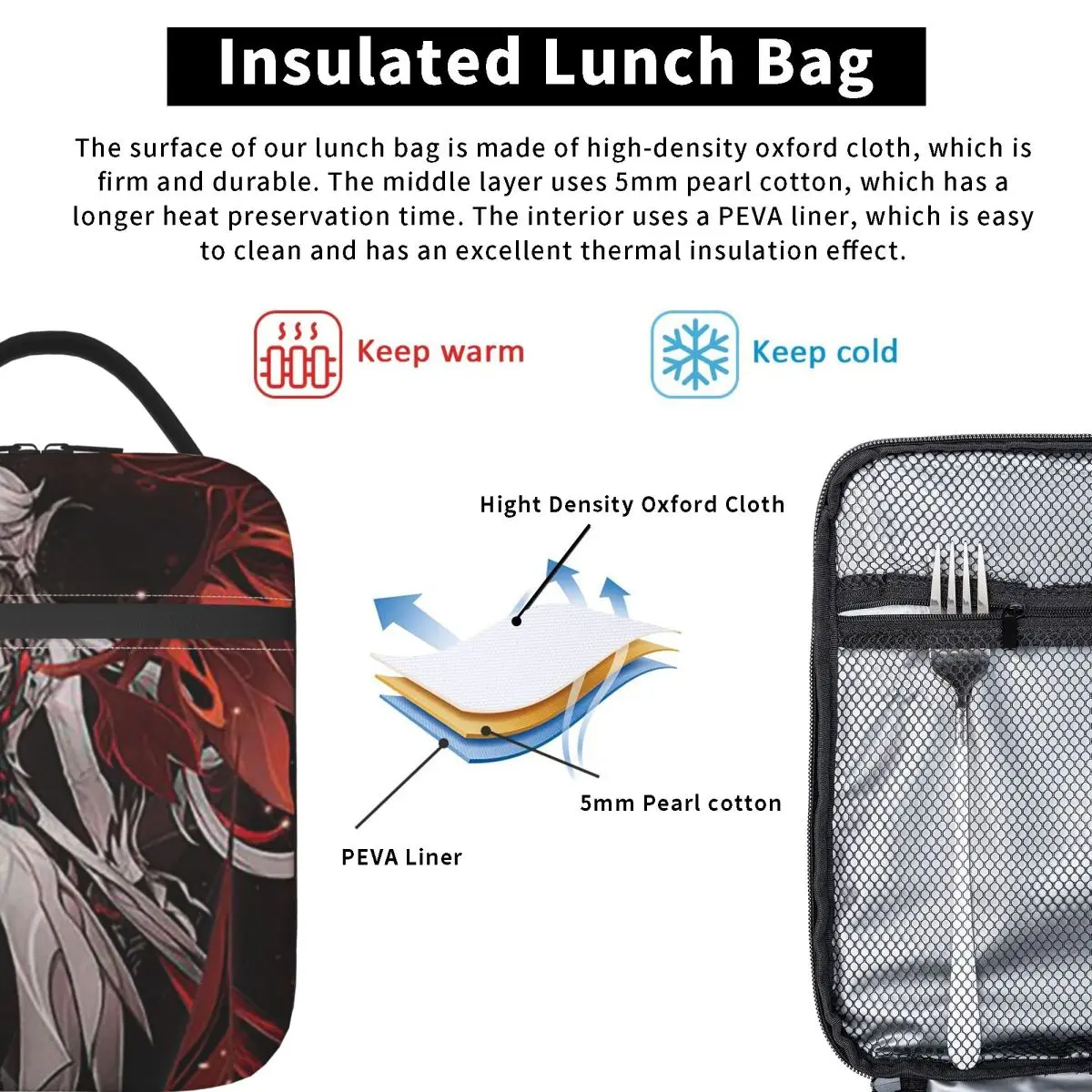 Genshin Impact Arlecchino Anime (2) Insulated Lunch Bag for Women Children Portable Food Boxes Thermal Lunch Box Tote