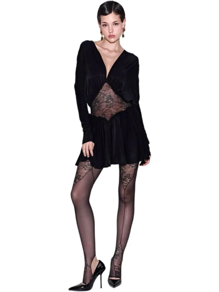 Vestido de encaje de manga larga con perspectiva Sexy para mujer, Mini Vestidos sexis para discoteca, Otoño Invierno 2021, Vestidos negros ajustados elásticos para fiesta