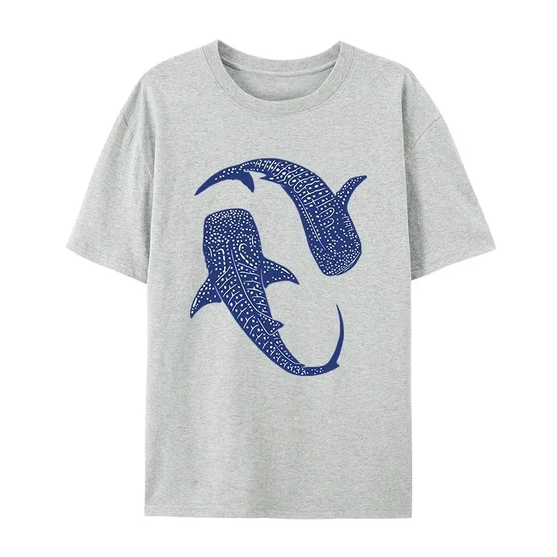 T-Shirt à manches courtes pour femmes, imprimé baleine bleue et requin, haut décontracté, Design graphique élégant, été