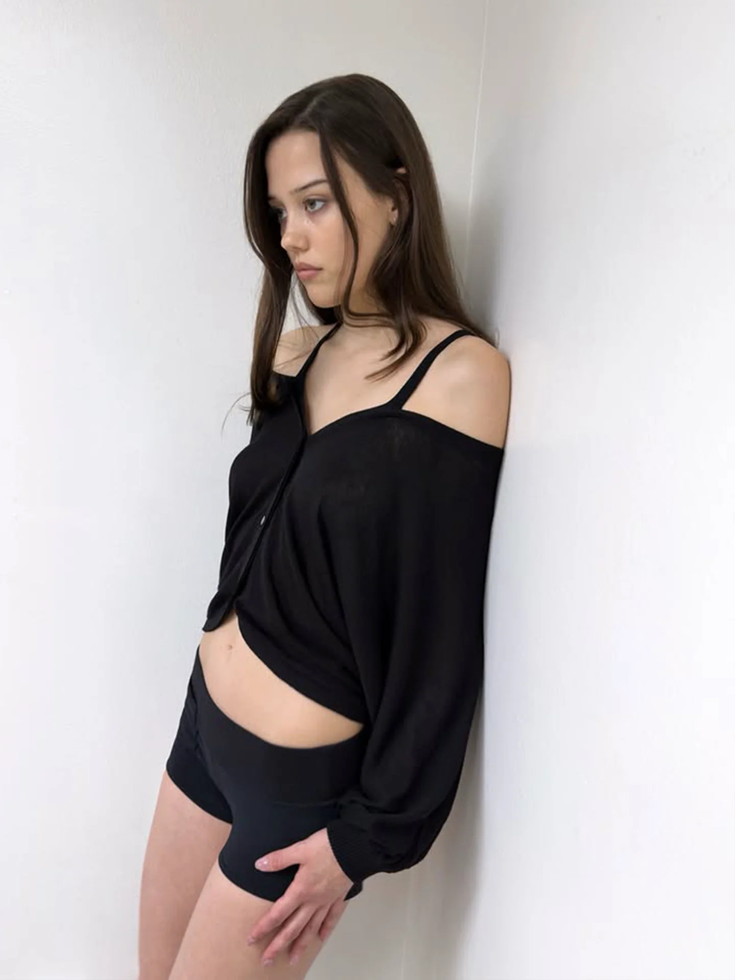 Tank White Knit Cardigan with Faux Two-Piece Layered Camisole and Off-Shoulder Design, Black Batwing Sleeve Draped Jacket