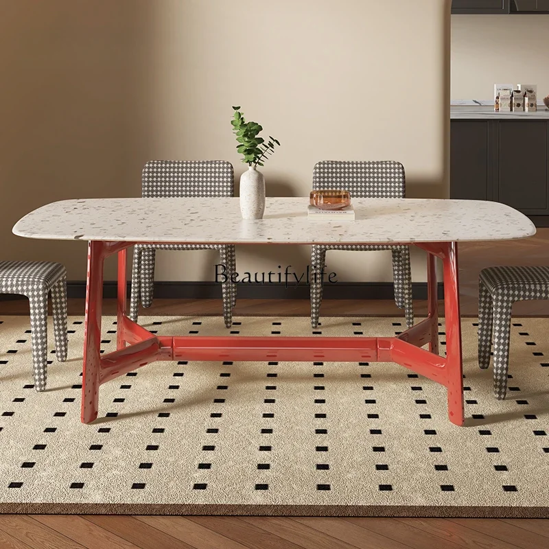 

yj5Modern Minimalist Rectangular Terrazzo Dining Tables and Chairs Set Marble Dining Table