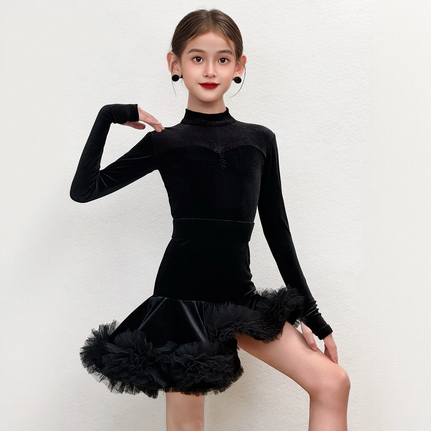 Black National Standard Latin Dance Perofrmance Dress Girls Velvet Latin Dance Costume Children'S Ballroom Dance Suit SL16429