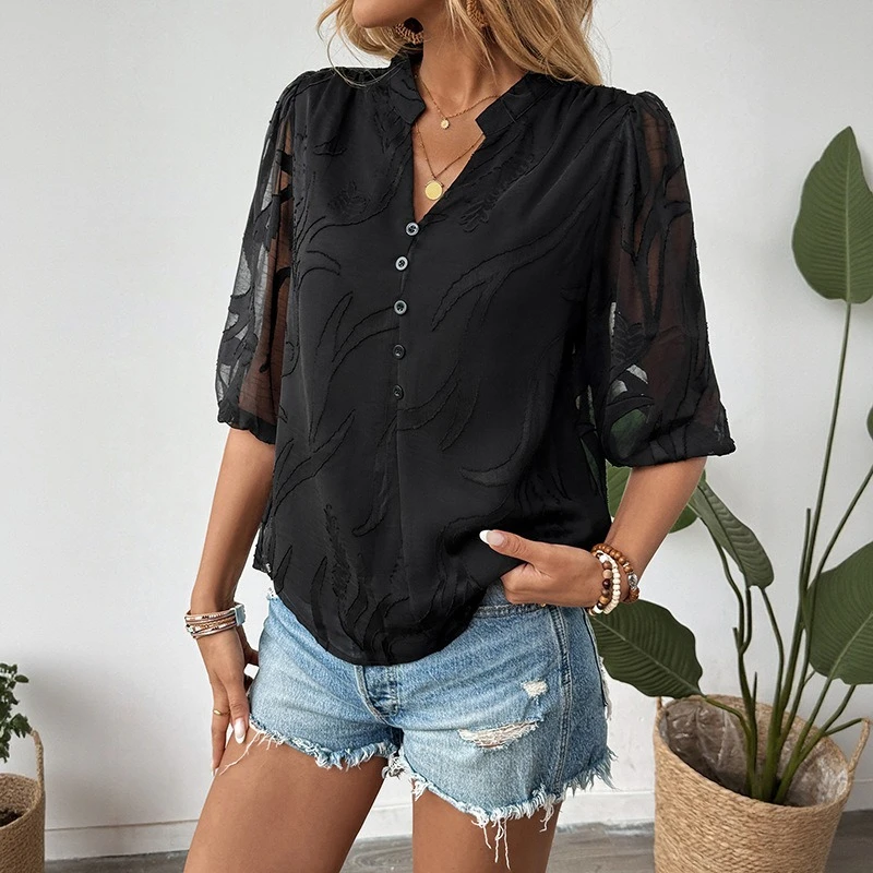 

2025 Spring and Summer Sexy Elegant Wind Lace Stitching Stand Collar Bubble Sleeve Solid Color Women's Shirt T-shirt
