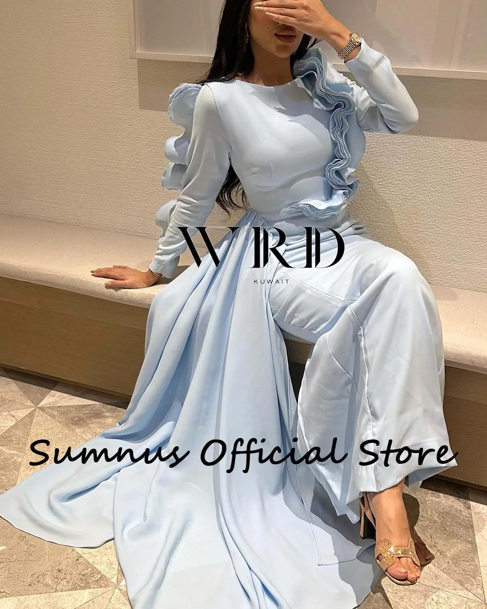 Sumnus Sky Blue Mermaid Evening Dresses Long Sleeve Ruffles Satin Saudi Arabic Prom Party Dress with Skirt Dubai Formal Gowns