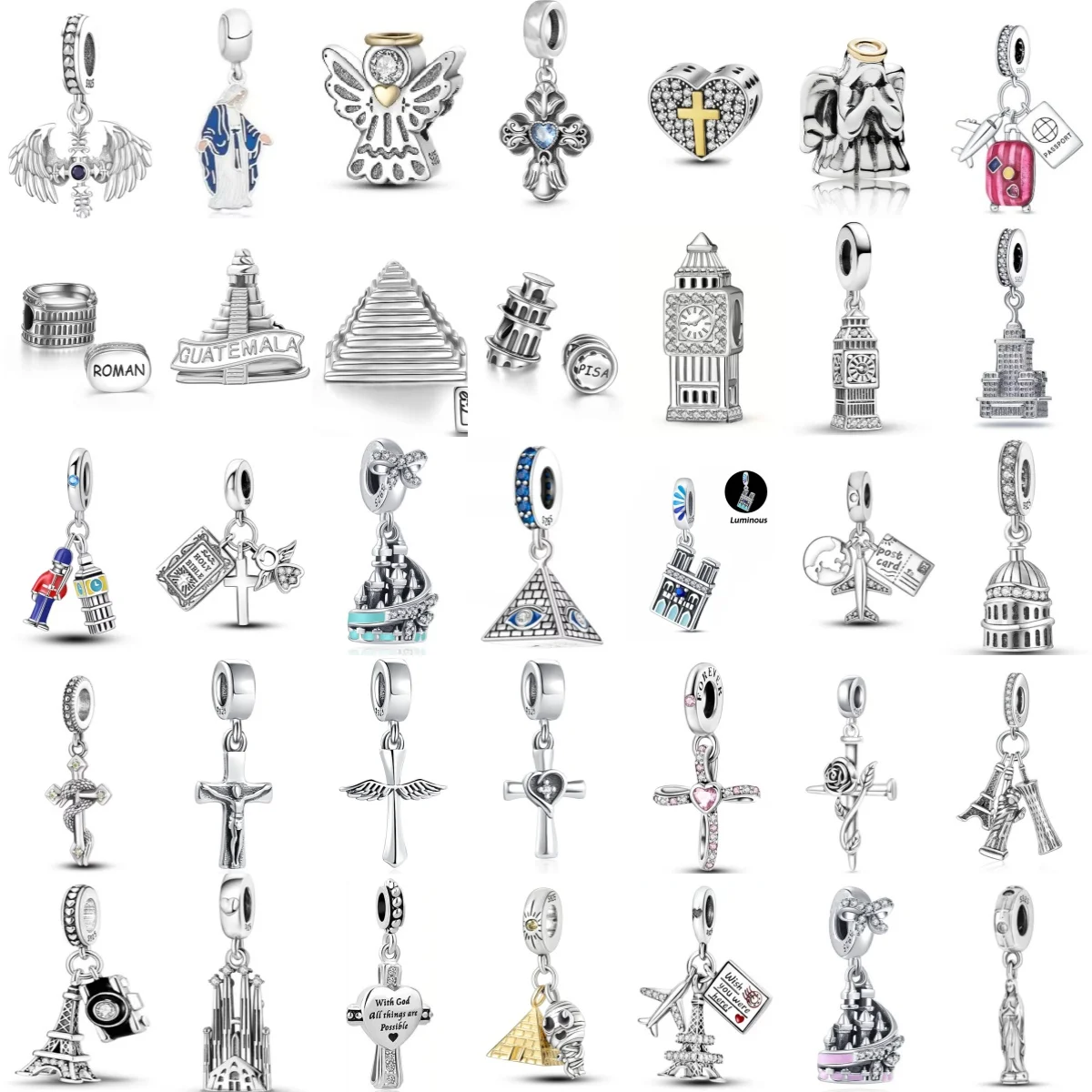 New 925 Silver Architecture Series Pearl Pyramid Colosseum Bell Tower Charm Fit Original Bracelet Women's DIY Pendant Gift