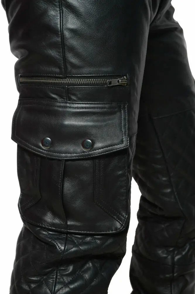 Men Pant Real Leather Biker Pants With Quilted Panels And Cargo Pockets Pant