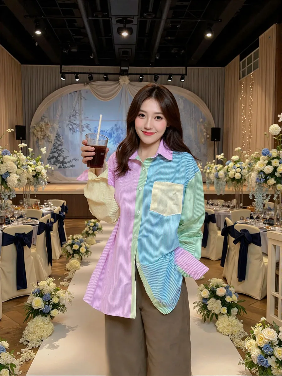 

Trendy Lightweight Shirt for Women in Candy Colors with Patchwork Striped Details Long Sleeves and a Youthful Korean Look