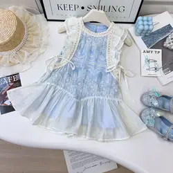 Girls Cotton Sleeveless Dress – Ruffled Hem with Embroidery, Adjustable Back Tie, Spring Summer Outfit for Ages 3-7