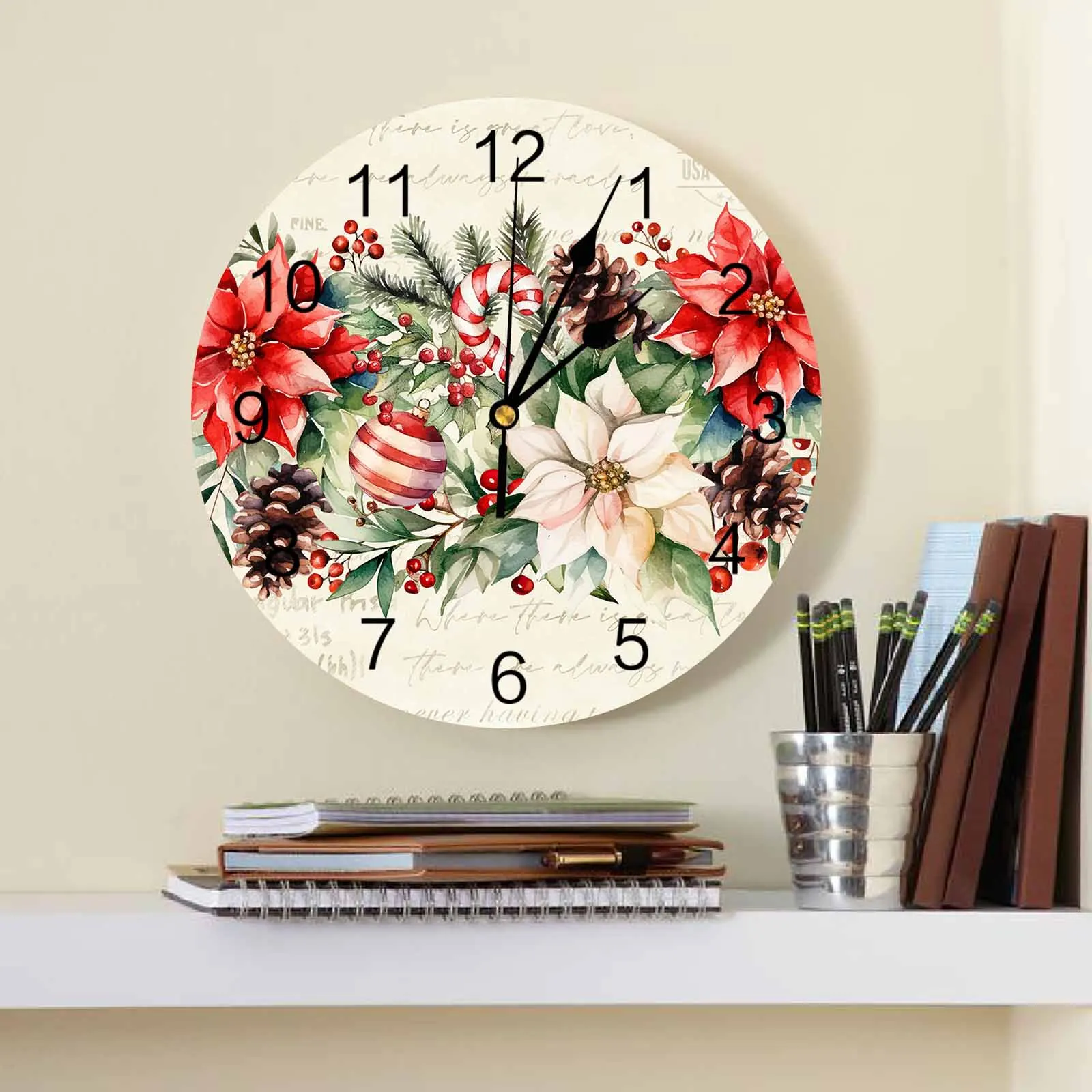 Christmas Poinsettia Berry Wall Clock Large Modern Kitchen Dinning Round Wall Clocks Watches Living Room