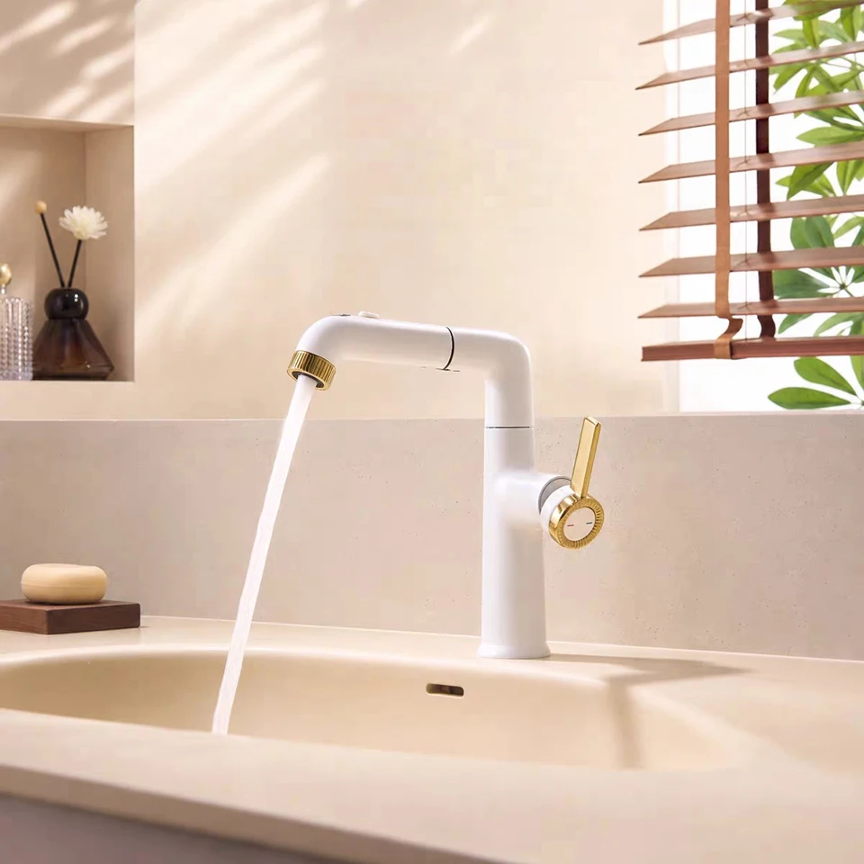 Pull Out Bathroom Basin Mixer Tap Height Adjustable 360Rotatable Sink Faucet Hot Cold Water Single Handle Vanity Tap with Pullou