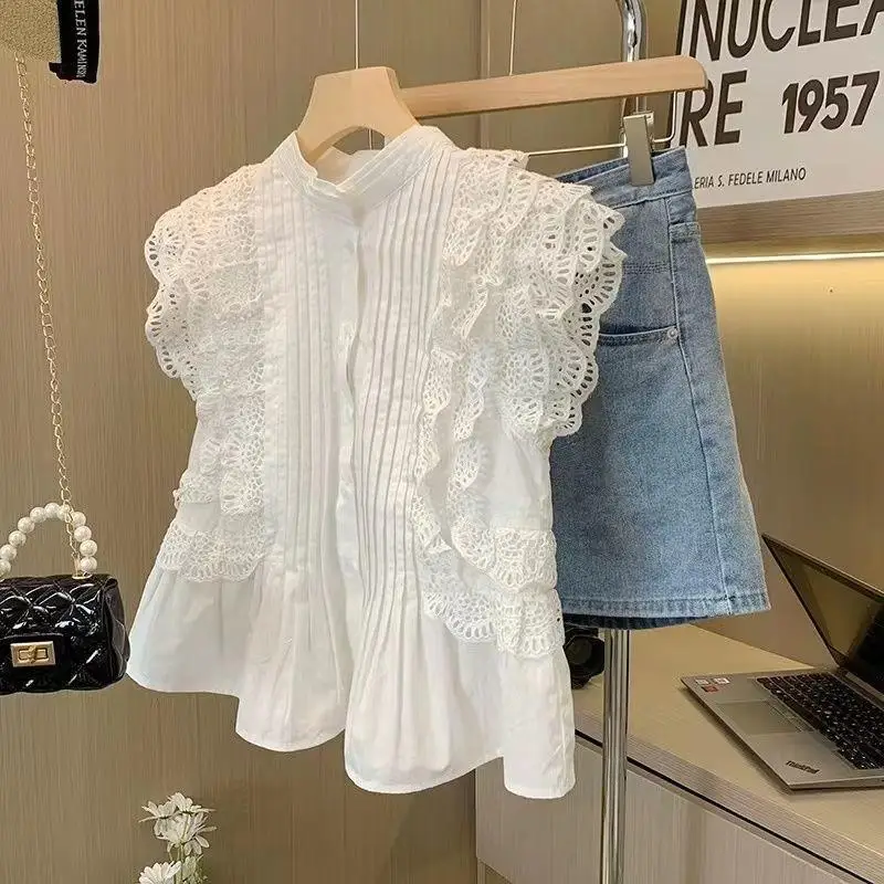 

Summer Women's Clothing Temperament Vintage Chic Lace Shirts Korean Style Hook Flower Hollow Thin Flying Sleeve Commute Tops