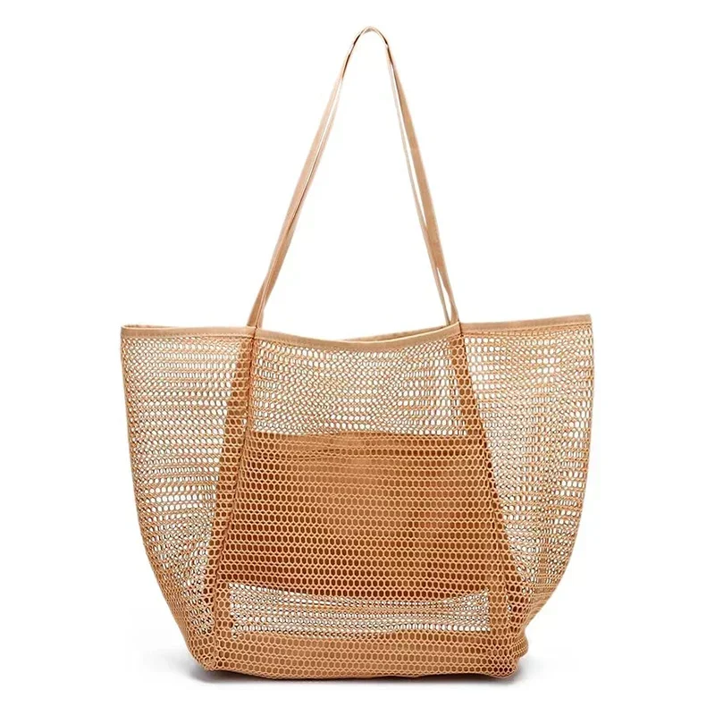 TS7 Beach Bag Mesh Tote Bag Lightweight Foldable Beach Tote with Zipper Pocket for Women Vacation Beach Pool Trip