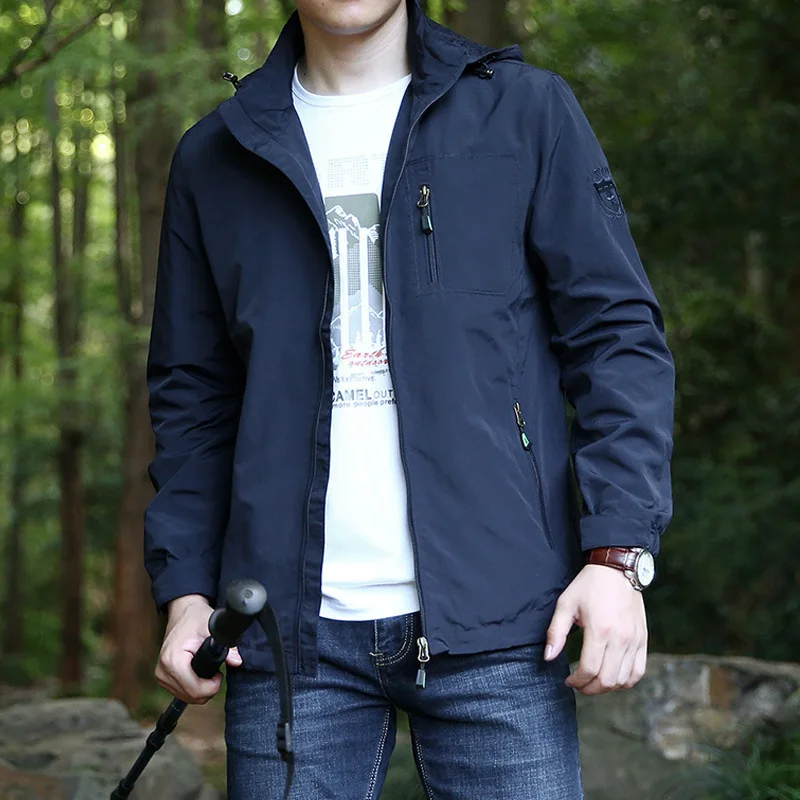 Men Hooded Windbreaker Jacket Long Sleeve Stand Neck Embroidery Zipper Cargo Casual Outerwear Coat Pockets Hiking Solid Slim Fit