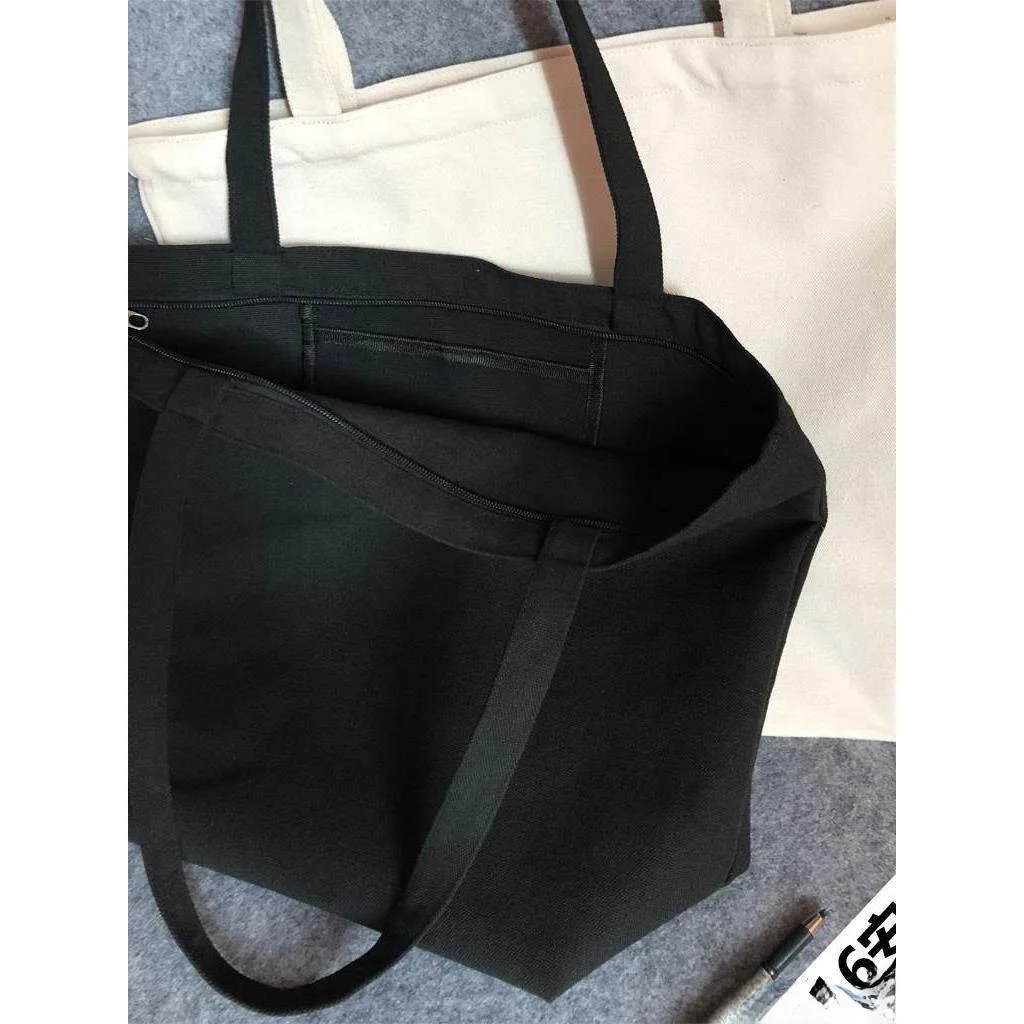 

Large Capacity Canvas Shopping Bag Simple Blank Eco-Friendly Shoulder Handbag Zipper Women's Purse Student Travel Bag