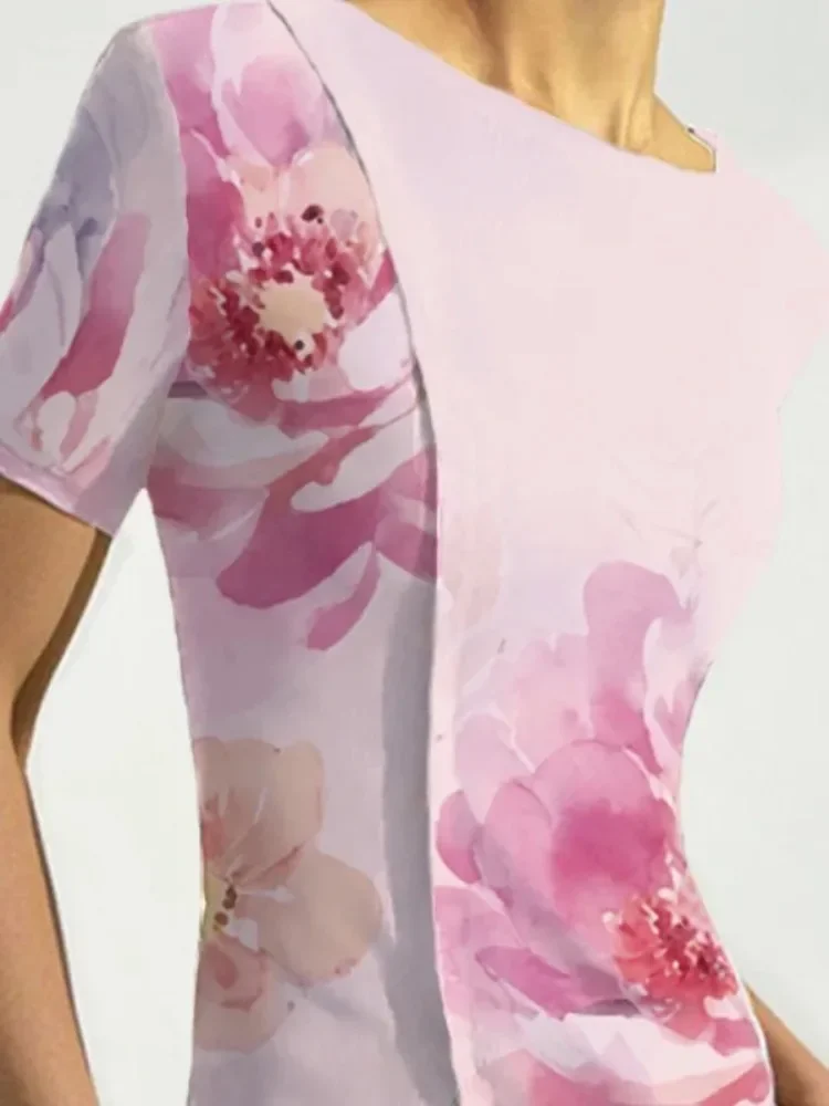 Lemongor หญิงแฟชั่นดอกไม้พิมพ์ไม่สมมาตร Hem Tops 2025 ฤดูร้อนใหม่แขนสั้น O-คอเกาหลีสไตล์ผอมเสื้อยืด