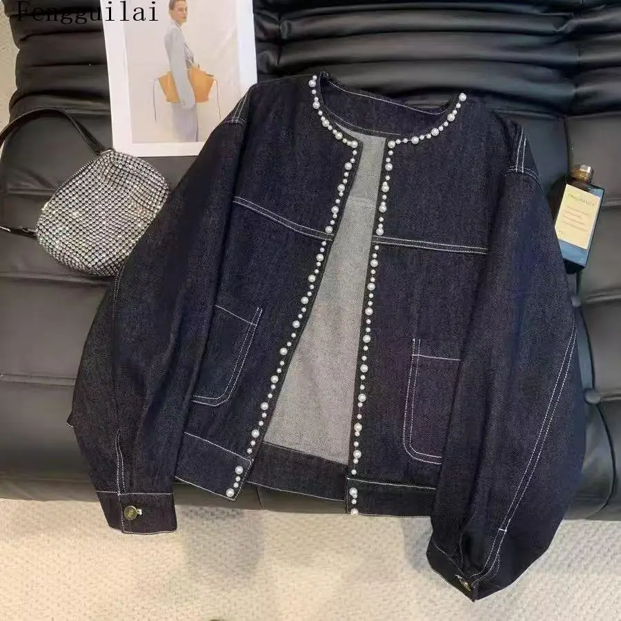 Women Round Neck Denim Jacket Faux Pearl Trim Long Sleeve Open Front Loose Cropped Jean Coat With Pockets