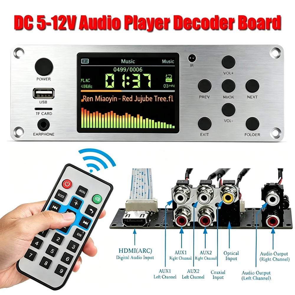 DC 5-12V Bluetooth Lossless Decoder Board Module 2.8-inch TFT Color Screen FM Radio TF USB Car Audio Music Player Remote Control