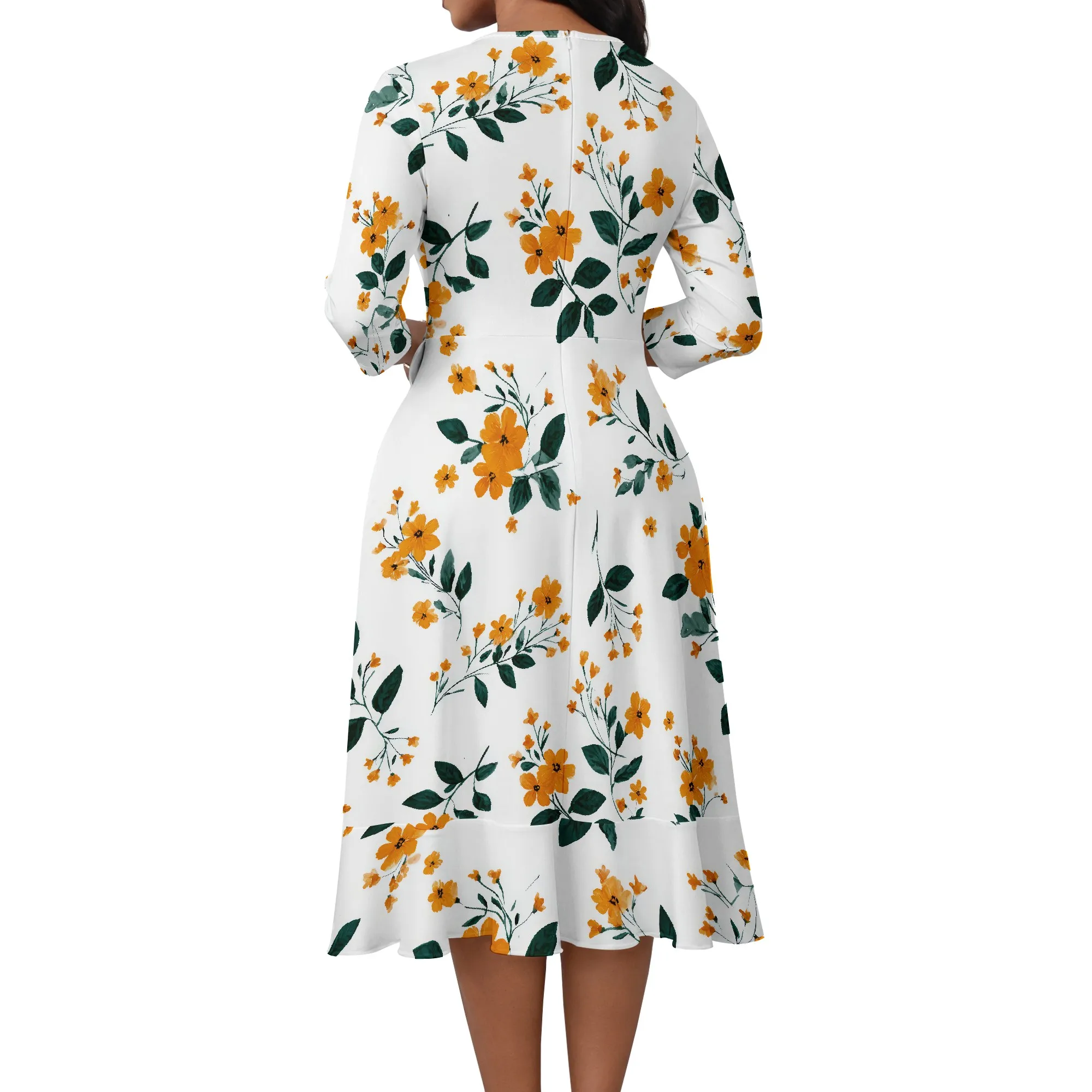 ผู้หญิงสบายๆเอวสูง V คอ 3/4 แขนเสื้อ Midi ชุดพิมพ์ Flowy แฟชั่น Boho งานแต่งงาน Sundress