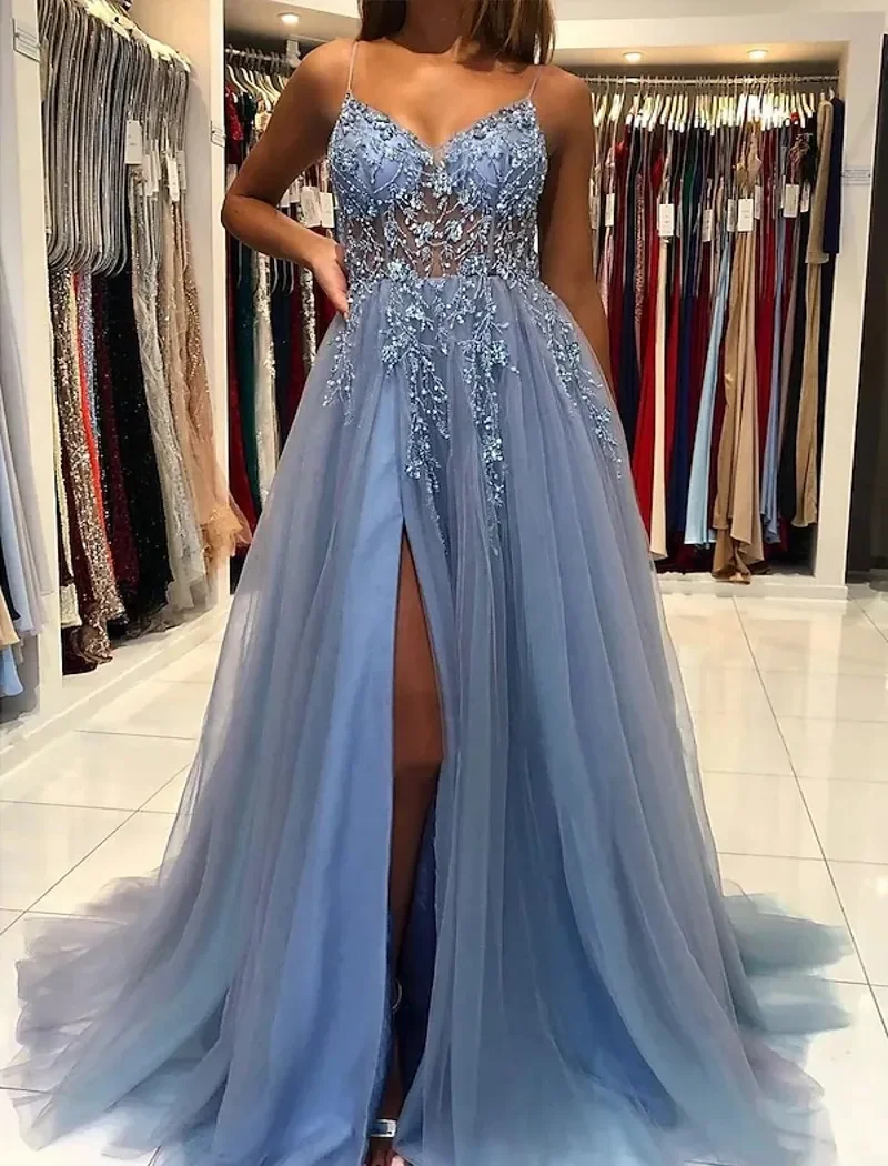 Customized Simple and elegant Princess a Line Decal Italian Strap Luxury Evening dress Sexy V-neck backless PROM party dress