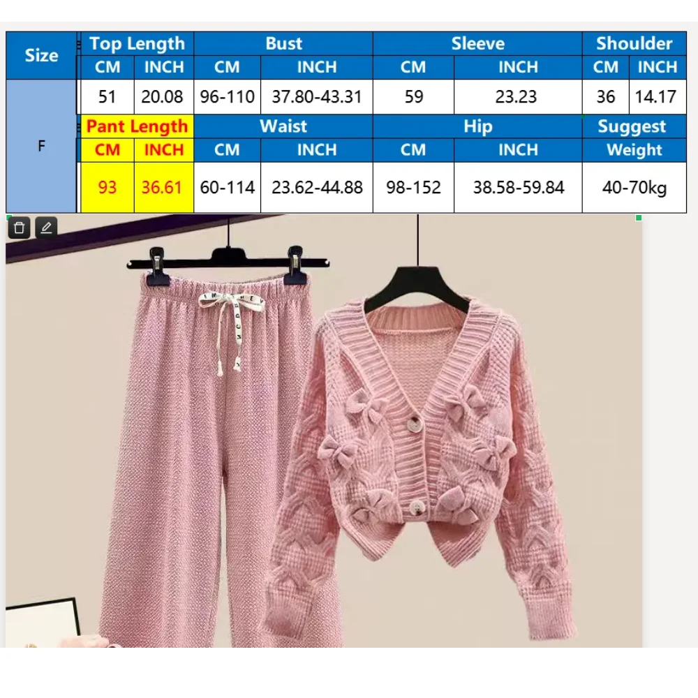 Two Piece Set For Women New In Sweater Matching Sets Korean Sweet Bow Outfit Long Sleeve Cardigan Knitwear Wide Leg Pants Set