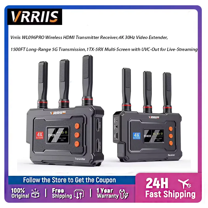 Vrriis WL096PRO 1500FT Long Distance Wireless Video Transmitter Receiver,4K UHD, Ultra‑Low 0.1s Latency, H.265 Encoding