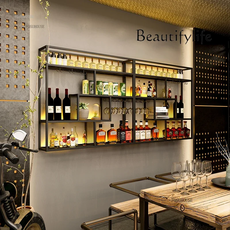 

N19 Light Luxury Wrought Iron Wine Rack High-end Restaurant Display Cabinet Minimalist Wall-mounted Bar Cabinet with Light for B