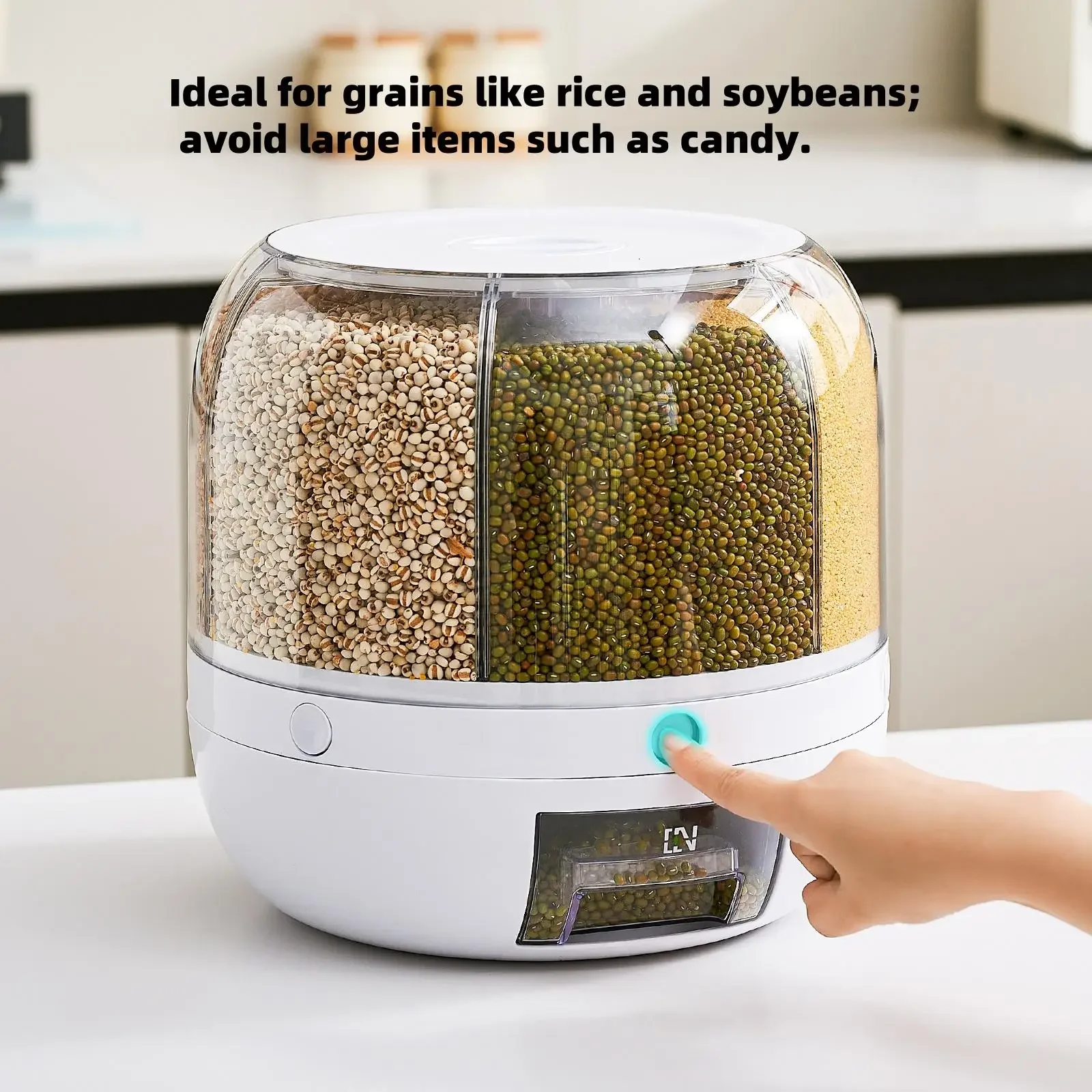 360° Rotating 6-Grid Grain Storage Container One-Click Rice Dispenser Kitchen Dry Food Cereal Box Sealed Organizer Multi-Compartment Storage Bin for Beans Small Grains Pantry Accessories