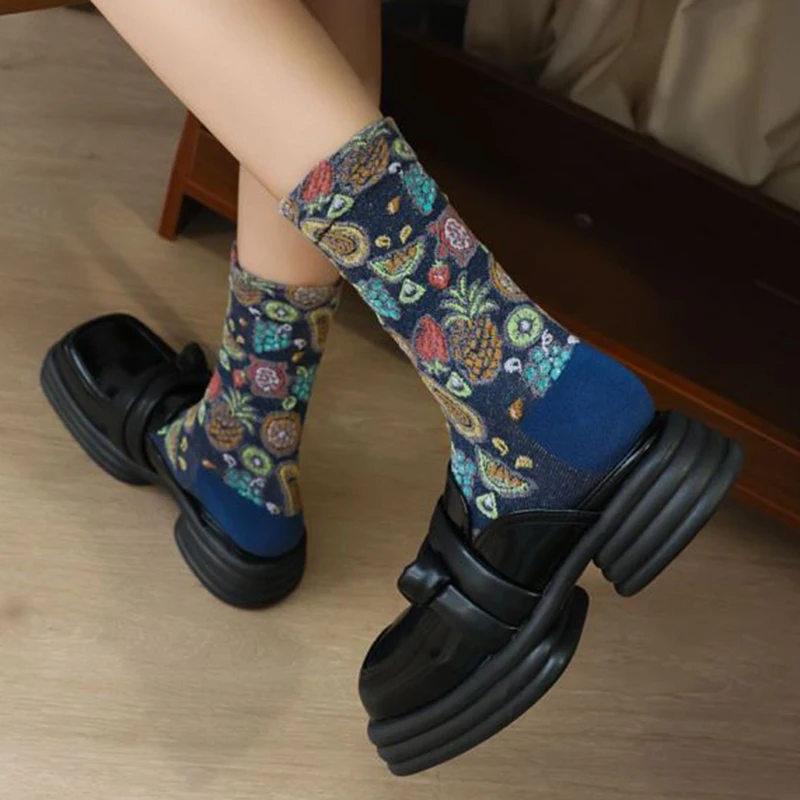 3 Pairs Korean Style Women Socks Ethnic Print Pattern Autumn Winter Cotton Socks Middle Tube Breathable Designer Sokken Vrouwen