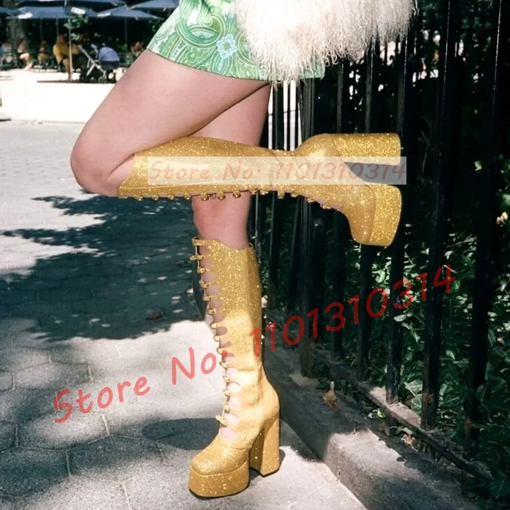 

Punk Gold Glitter Strappy Platform Boots Women Sparkly Round Toe Belt Buckle Knee High Boots Women Party Side-zip Cutout Shoes