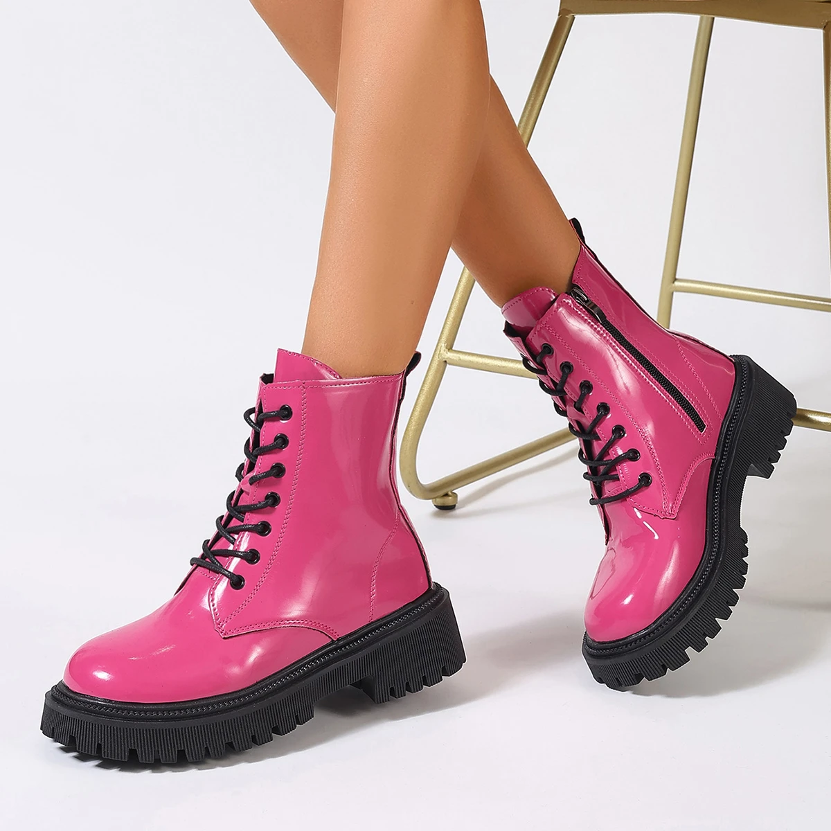 Pink Ankle Boots Woman Patent Leather Platform Motorcycle Boots Woman Plus Size Lace Up Shoes Thick Heels Zipper Short Booties