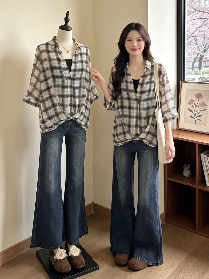 

Slim Fit Plaid Short Sleeve Shirt Women's Summer New Style plus Size Vest Top Two Piece Set Commute Style Korean Version