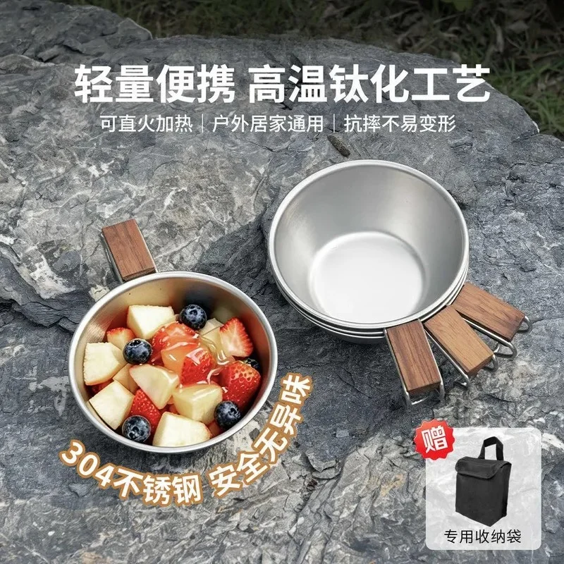 チタン加工ステンレススチール製スノーボウル、木製ハンドル付き、ポータブルキャンプ食器、高温対応インスタントラーメンボウル