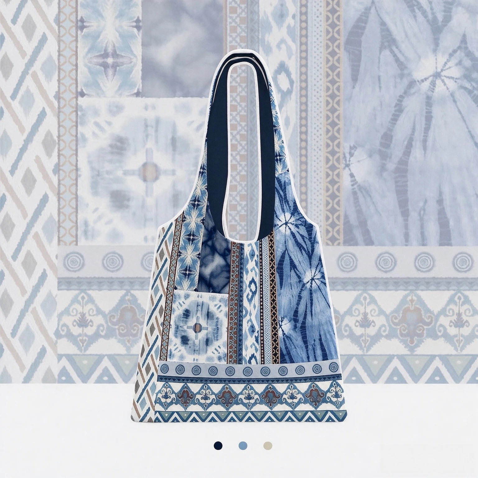 Indigo Dye Printed Canvas Tote Bag, Lightweight Large Capacity Shoulder Bag for Daily Commute & Travel Storage